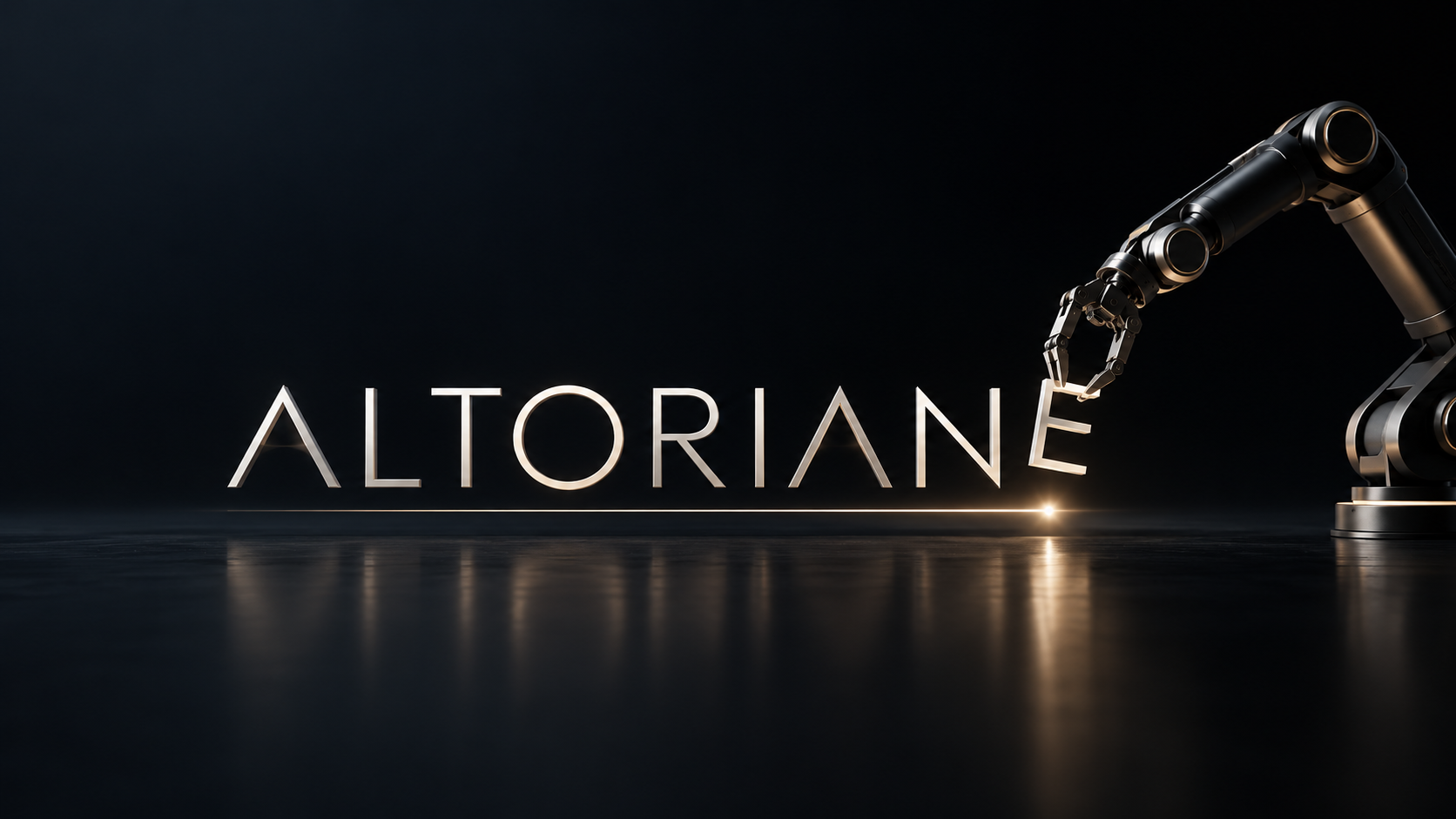 ALTORIANE en lettres métalliques champagne. Un bras robotique industriel noir positionne le dernier E au-dessus d’un sol sombre et réfléchissant.
